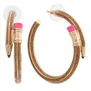 Betsey Johnson Book Smart Gold Tone Glitter Enamel Pencil Hoop Earrings NWT